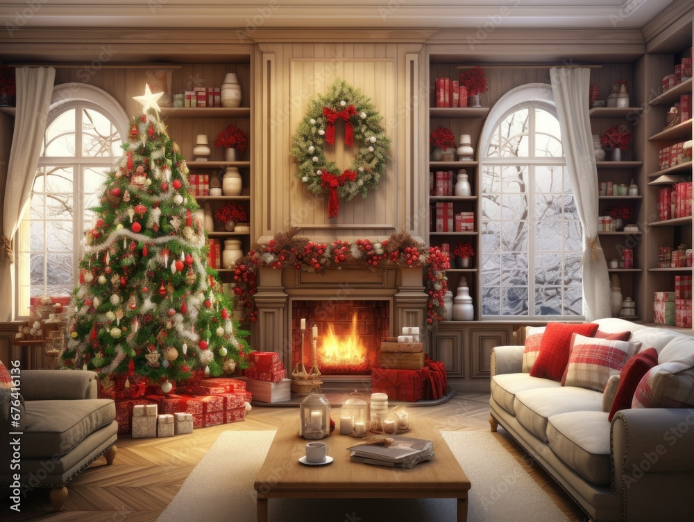 Cozy living room with decorated Christmas tree and fireplace.