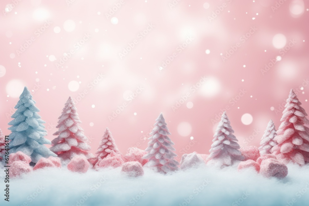Pastel colors Christmas background. Snow-covered woodland scene, soft pastel hues of lavender and rose-pink.