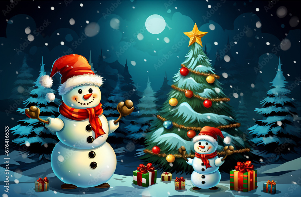 illustration of clipart christmas with cartoon snowmen and christmas tree