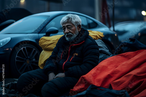 wealth gap - An elderly homeless man sleeps on the street, wrapped in a sleeping bag, with a luxury car parked in the background, highlighting social contrast © weerasak