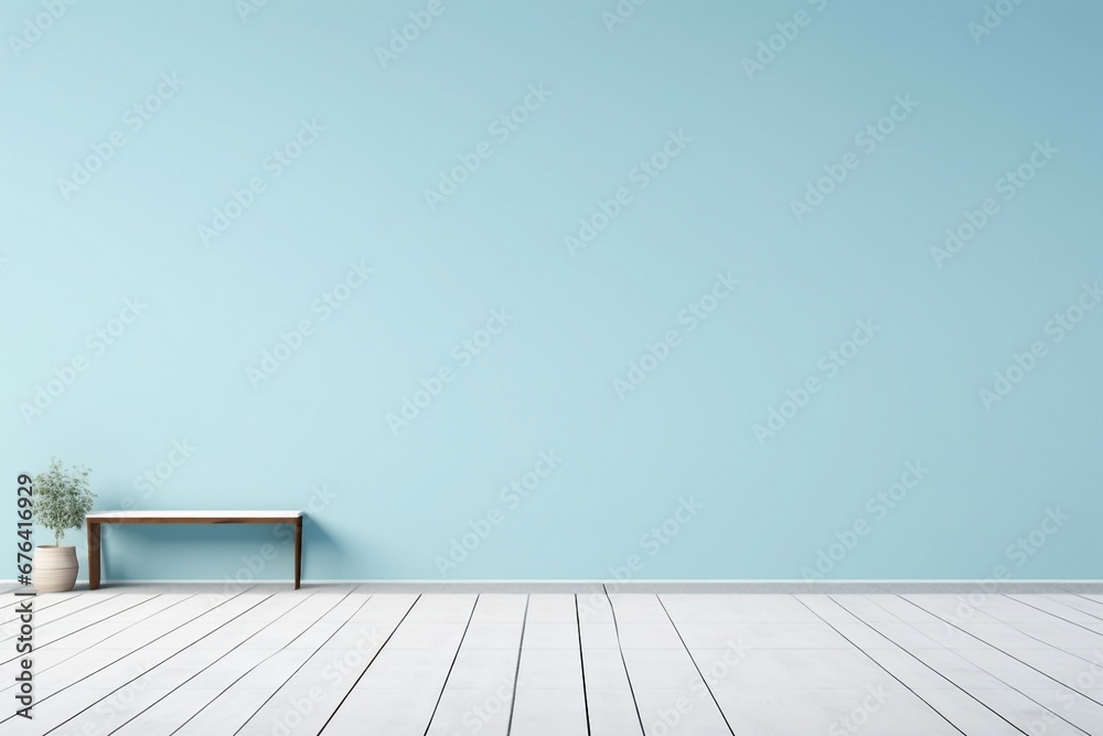 blue modern living room loft wall with white wooden floor 3d render illustration. generative ai.