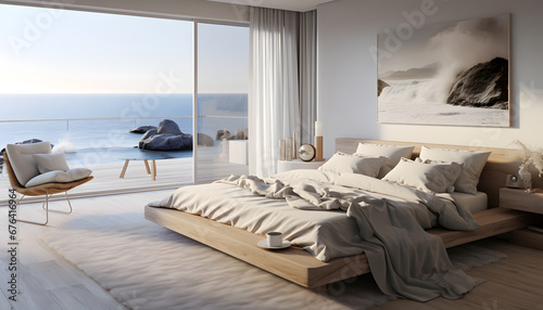 Scandinavian interior design of modern bedroom with sea view 