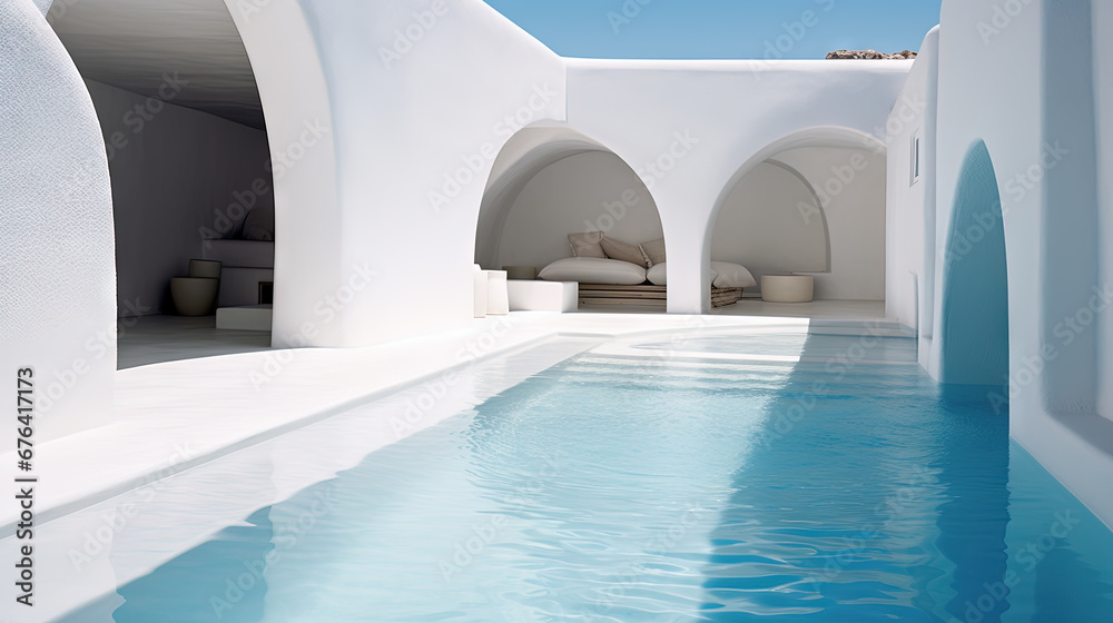 Hotel pool in the sunny day with blue water and white buildings. Resort architecture with swimming pool. Hotel pool in the sunny day with blue water and white buildings. Resort architecture with swimming pool.