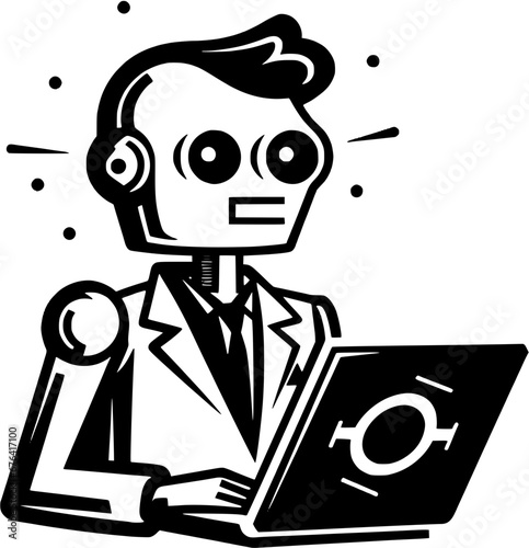 Hand-drawn Robotic AI Assistant Robot with Business Suit Using Laptop Vintage Outline Icon In Hand-drawn Style