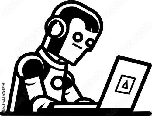 Hand-drawn Robotic AI Robot Using Laptop Vintage Outline Icon In Hand-drawn Style