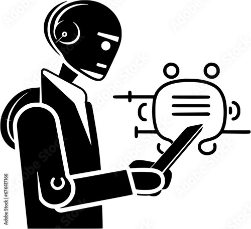 Hand-drawn Robotic Robot Holding Paper Studying Information Vintage Outline Icon In Hand-drawn Style