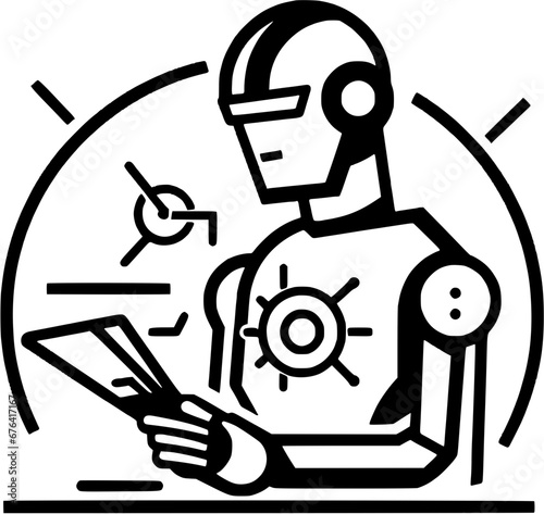 Hand-drawn Robotic Robot Holding Paper Studying Information Vintage Outline Icon In Hand-drawn Style