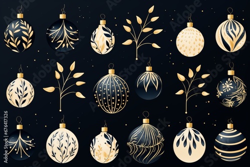 Christmas pattern, background black en light christmas balls with gold painted ornaments photo