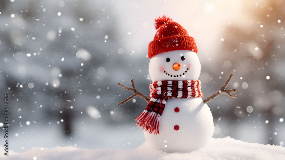 Obraz premium A snow man in the snowy Background ,with wearing Red santa hat and red scarf, Christmas Wallpaper 