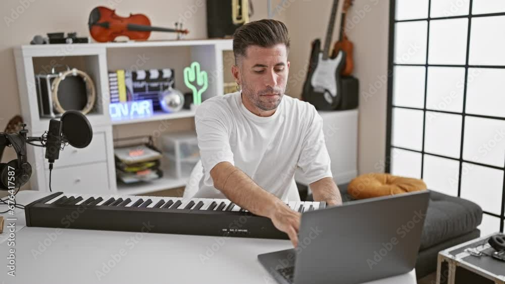 Handsome, young hispanic man intensely focused, online piano lesson swirls melody through music studio, fingers dancing over keyboard Handsome, young hispanic man intensely focused, online piano lesson swirls melody through music studio, fingers dancing over keyboard