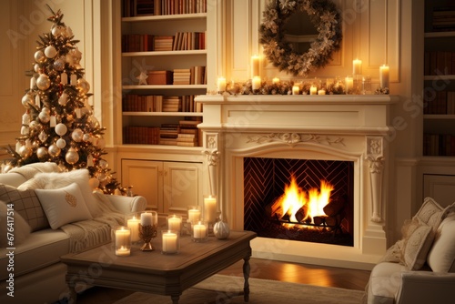 cozy light interior decorated with Christmas garlands, candles, burning fireplace,.Christmas tree © MML Photography