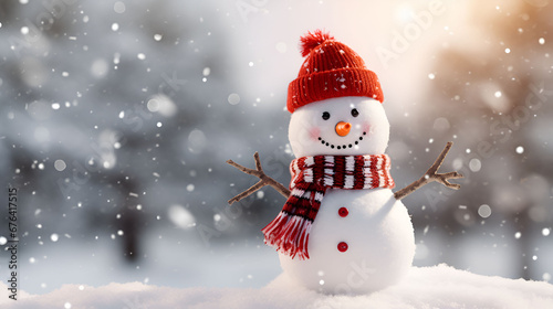 A snow man in the snowy Background ,with wearing Red santa hat and red scarf, Christmas Wallpaper  © Pasindu