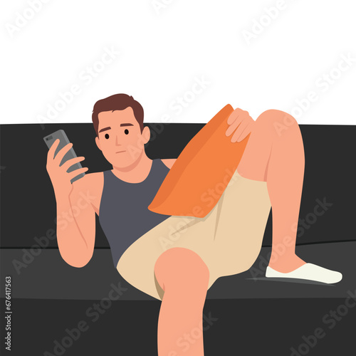 man lying on sofa in living room with mobile phone chilling cosy home. Flat vector illustration isolated on white background