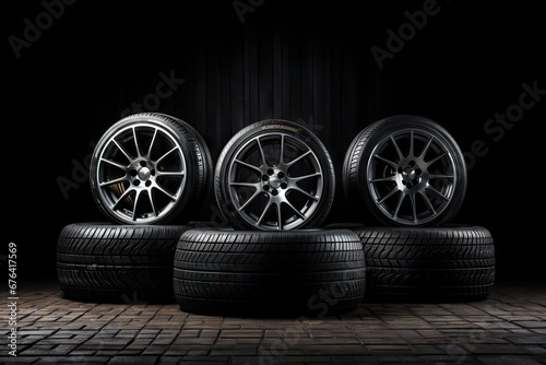 Set of fuel efficient car tires on black background. Winter and summer tire tread. Vulcanization service. Car wheel service concept