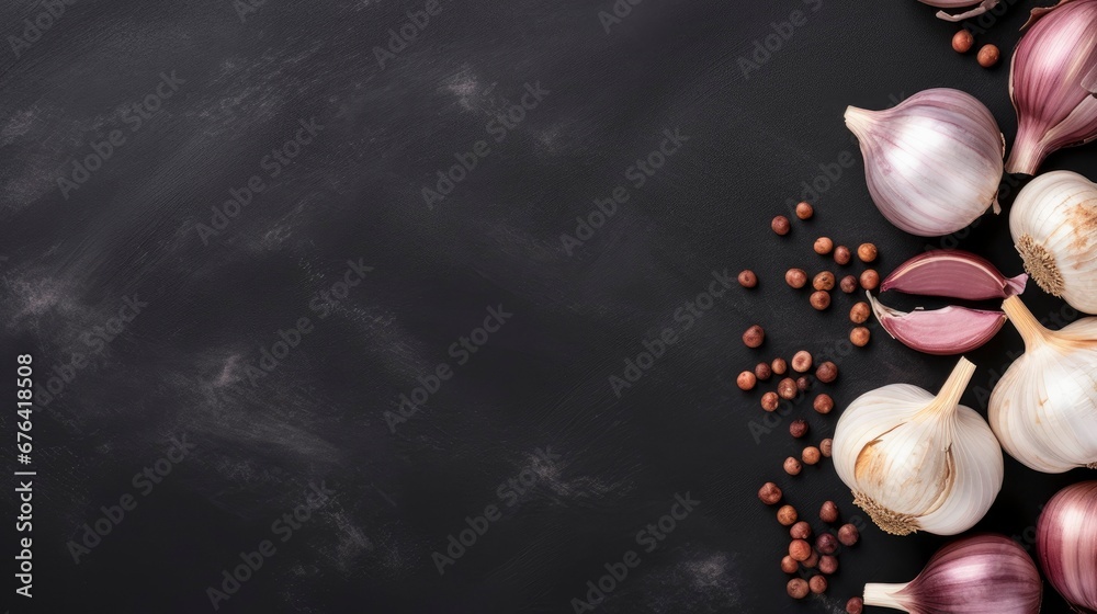 Fresh garlic on a black background. Spices, herbs. Healthy food. Free space for your text