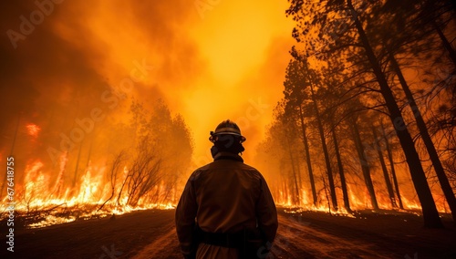 Firefighter combating forest wildfire