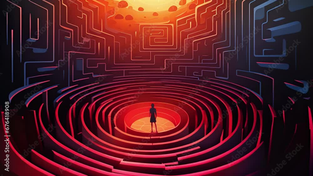 A character embarks on a journey through a mazelike labyrinth, encountering various psychological hurdles along the way. 2d animation