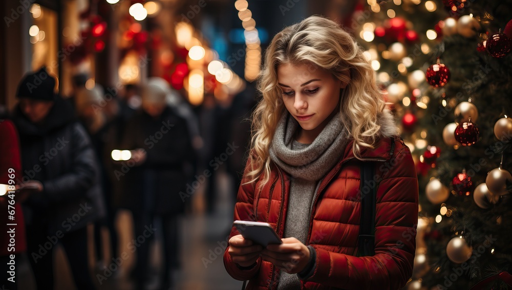 Woman Engaging with Phone at Christmas Market