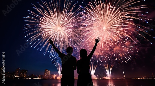 New Year's celebration background, featuring the silhouettes of a young couple enjoying fireworks against the backdrop of a beautiful city sky.