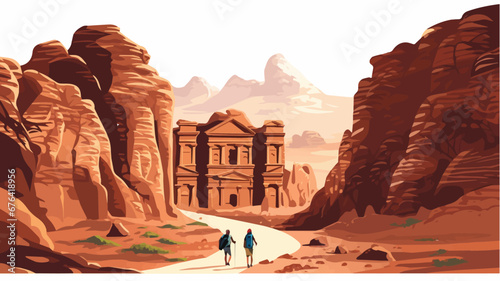 Tourist with Petra on white background, world travel concept photo
