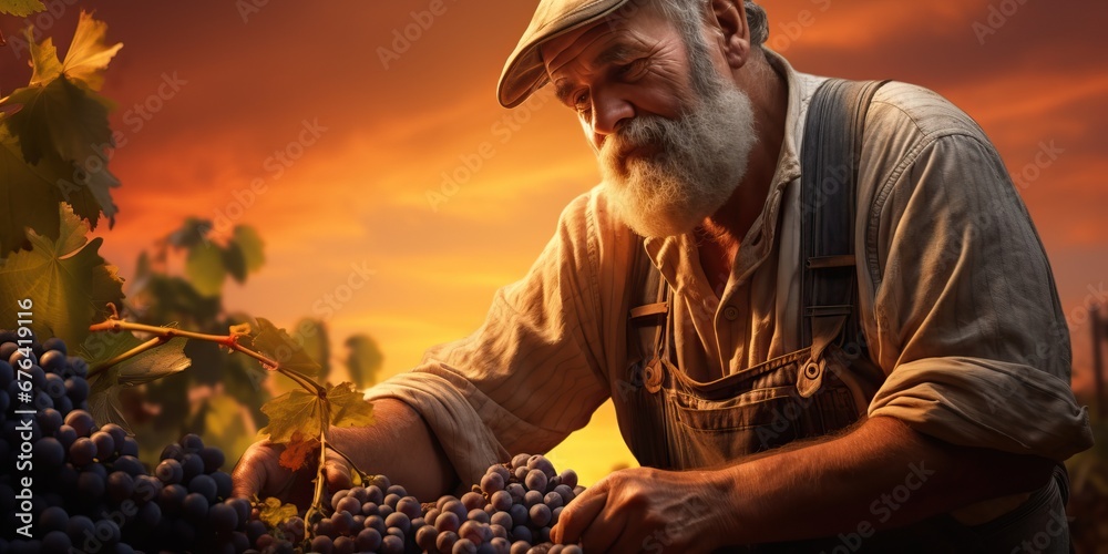 Senior man harvesting grapes in vineyard at sunset