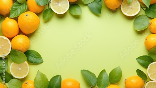 Fresh lemons and oranges with green leaves on green background