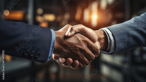 Partnership concept. Close up of two businessmen shaking hands in office