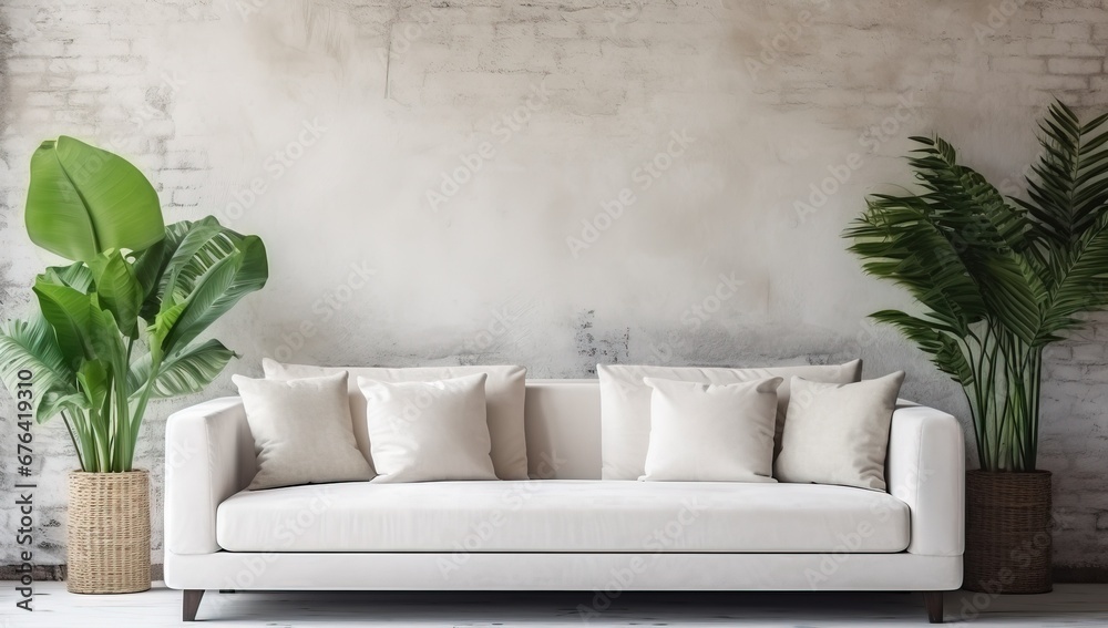 Modern Minimalist Living Room with White Sofa and Indoor Plants Modern Minimalist Living Room with White Sofa and Indoor Plants