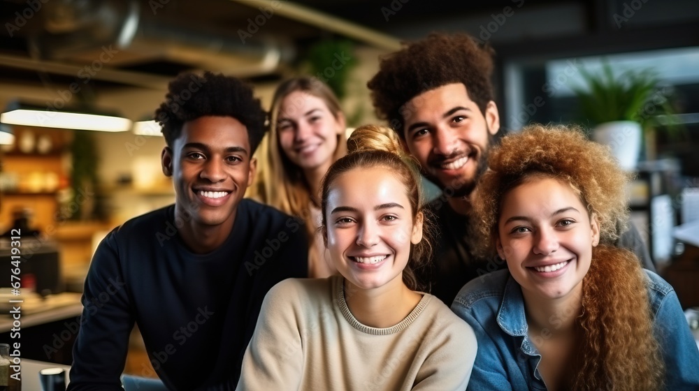 Portrait of smiling multiethnic group of friends looking at camera in cafe