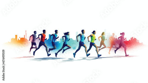 Colorful vector illustration of people running on white background.