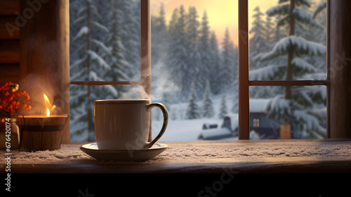 cup of coffee on the table at an open window