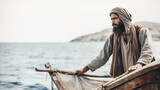 Portrait of a apostle of Jesus casting a fishing net from his boat. New testament concept.