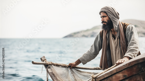 Portrait of a apostle of Jesus casting a fishing net from his boat. New testament concept.