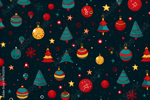 Weihnachtlicher Hintergrund mit Weihnachts-Icons, Christbaum, Kugeln, Sternen, erstellt mit generativer KI