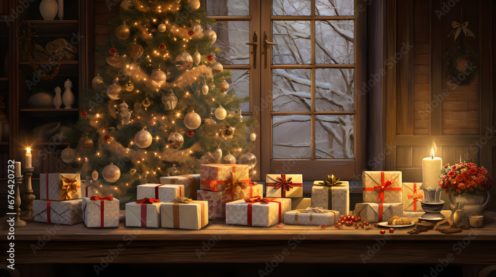 Christmas tree in a wooden cabin in winter. Christmas tree in a wooden cabin in winter.