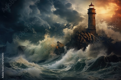 Lighthouse on a cliff during a storm photo