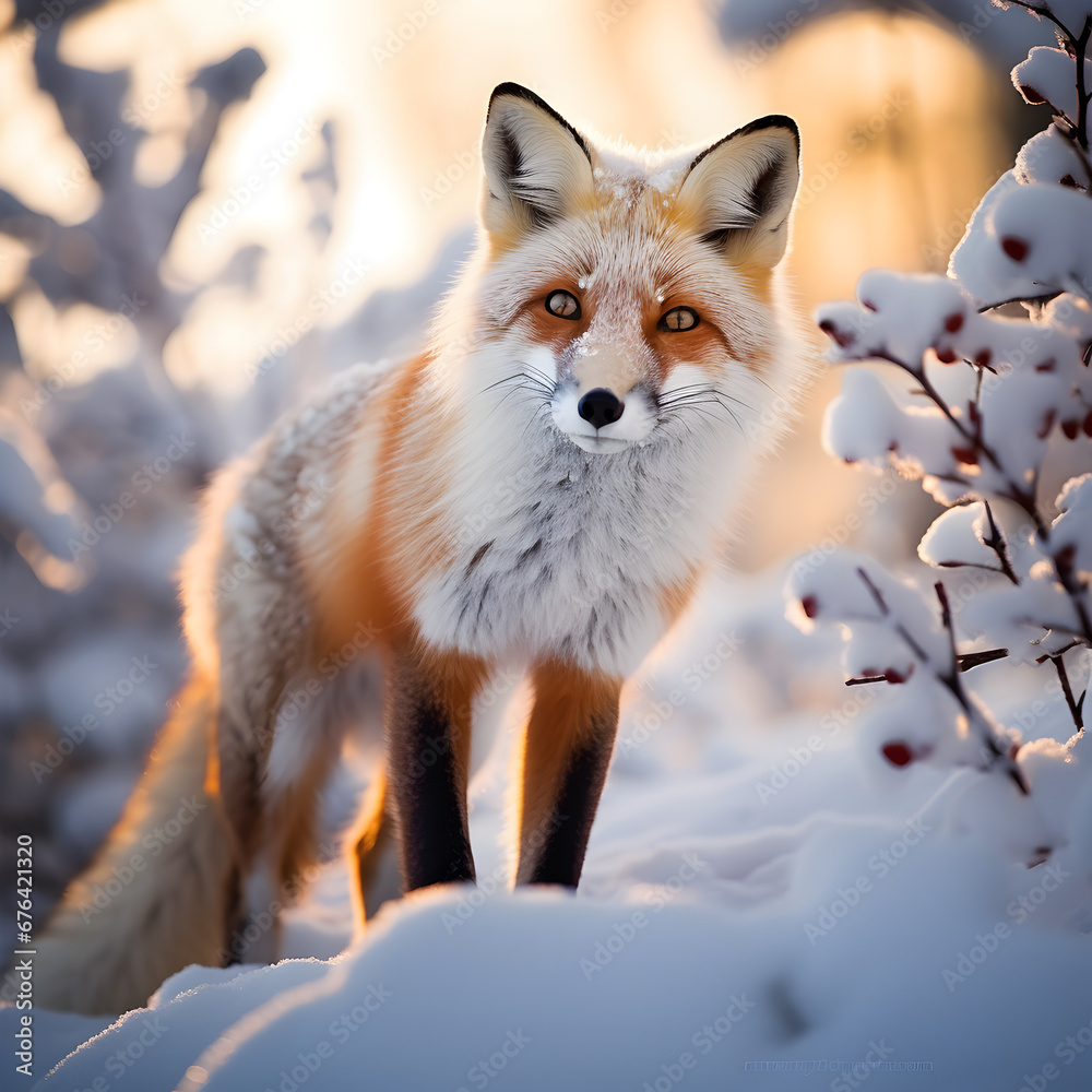 Obraz premium Winter red fox staring at the camera in the snow