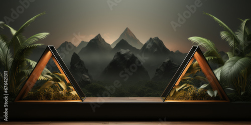 Wooden podium display with frame. Background for perfume  cosmetic products or food on wooden floor with mountains.