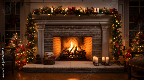 Christmas eve fireplace scene in a cozy room ambiance.