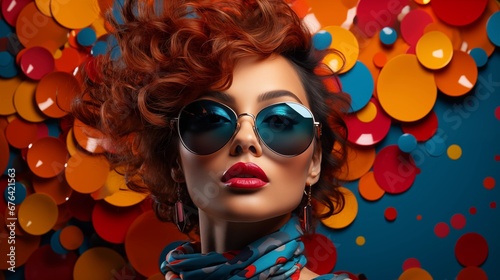Beautiful woman , portrait on a bright , colorful , creative background .Curly red hair © Е К