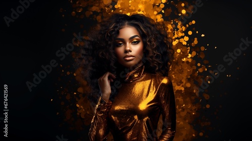 Beautiful black woman, portrait of an African-American woman on a bright, gold and black background.Curly black hair photo