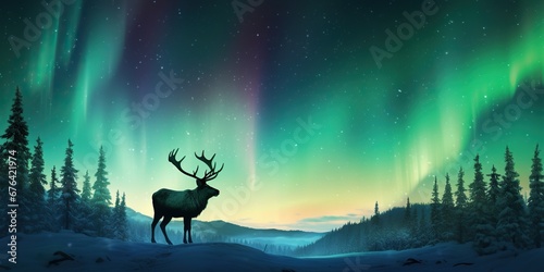 The silhouette of a lone reindeer against the backdrop of the northern lights , concept of Solitude photo