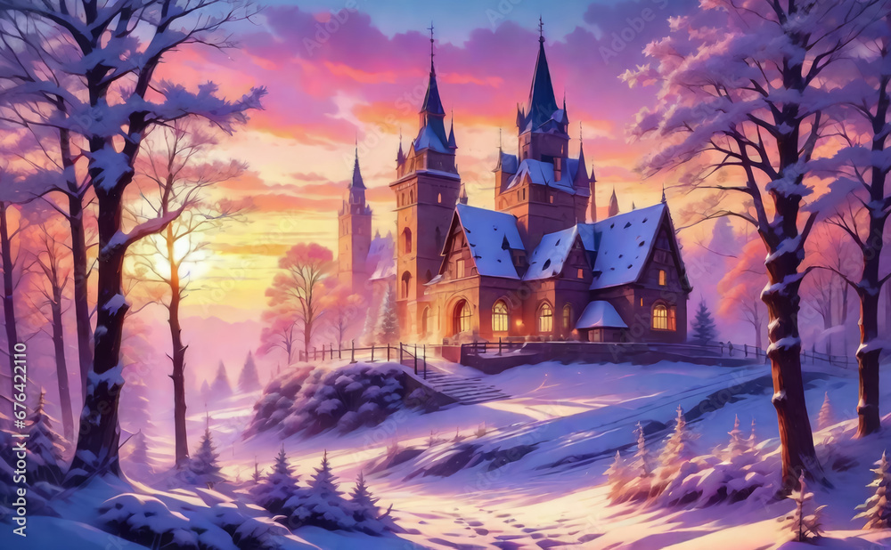 Заголовок: Fantastic winter landscape at sunset with a castle. AI