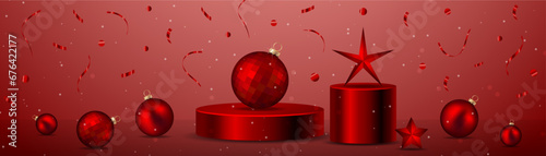 Red christmas balls on red podium with confetti