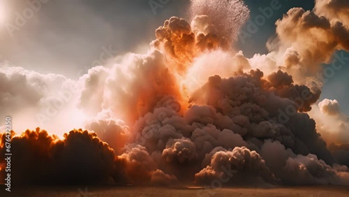 burst flames ignites cloud dust ash, sending spiraling upwards chaotic beautiful display natures elements. photo