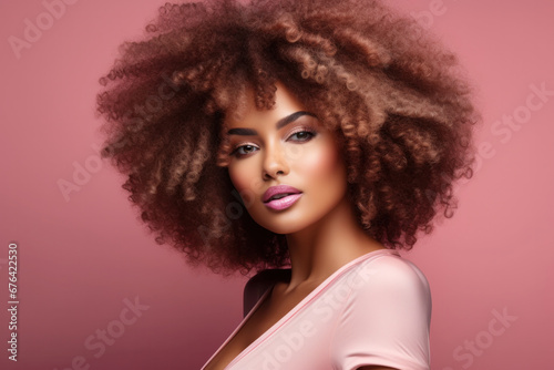 Stunning woman with a full afro hairstyle and elegant makeup on a pink backdrop.