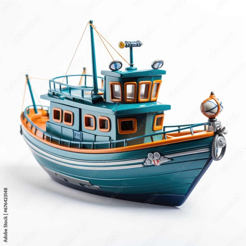 A toy boat with a man on the front of it. Realistic clipart on white background