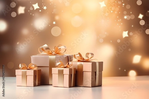 many golden gift boxes set with bow wrapped in ribbons, perfect christmas or luxury festive background. Generative AI