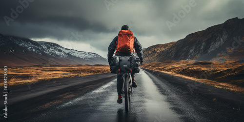 Cyclist traveling on the road on a bicycle with backpacks and bicycle travel bags photo
