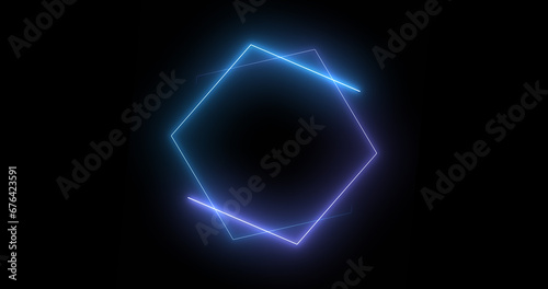 Fast-moving hexagon neon lights retro-style futuristic technology. Hexagon lights moving animation. Bright-colored moving neon light on a black background.